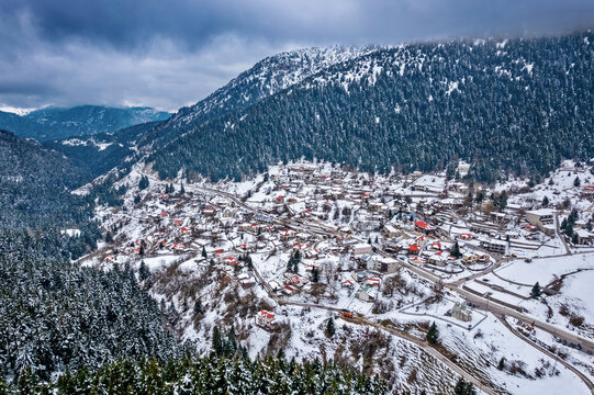 Aerial view of Pertouli village, the "gate" to the region of Aspropotamos, Trikala, Thessaly, Greece.