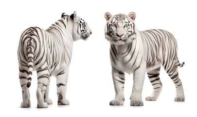 Two white tiger couple view from front and back, isolated on white background