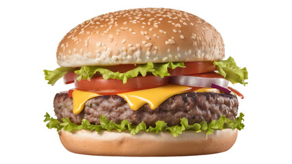 image of a burger with cheese, herbs, meat, onions, and mopidors on a transparent PNG background. Fast food. Food and cooking