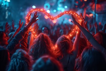 At a lively concert, a crowd of festival-goers holds up a heart-shaped light in unison, symbolizing the shared love and passion for the music and event