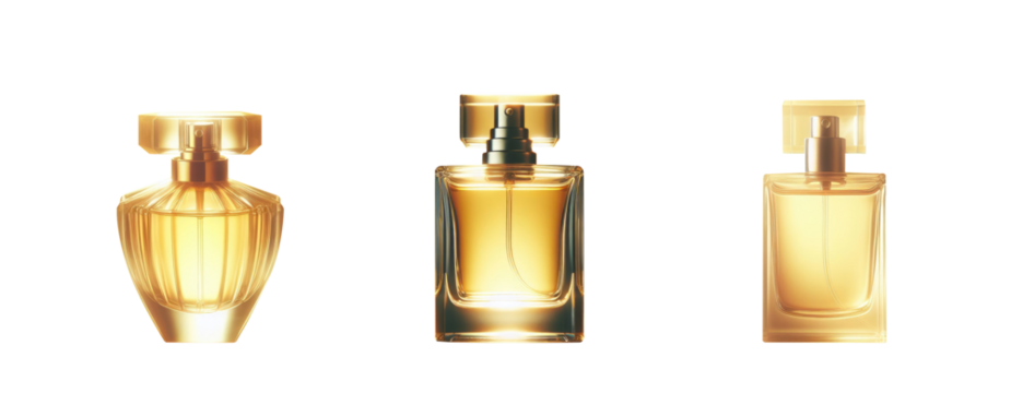 Perfume bottle set. Yellow golden glass bottle. Deodorant in a glass bottle. Premium pen tool cutout. Transparent background PNG. Cologne bottle. Gold yellow Perfume. Yellow flask. flask of gold.
