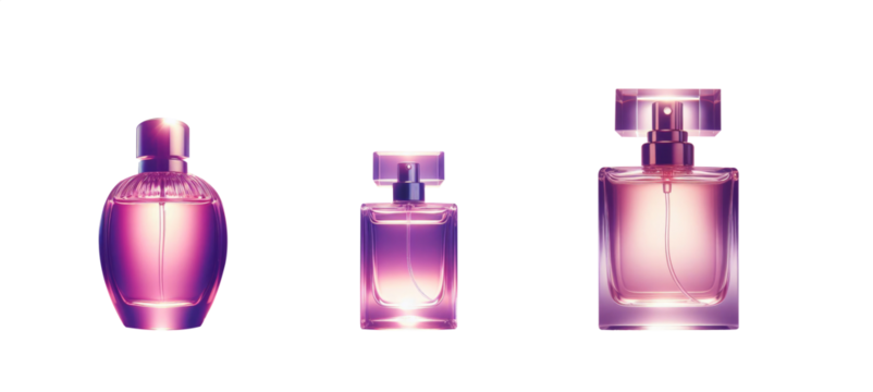 Perfume bottle set. Purple glass bottle. Deodorant in a glass bottle. Premium pen tool cutout. Transparent background PNG. Cologne bottle. Purple Perfume. Magenta flask