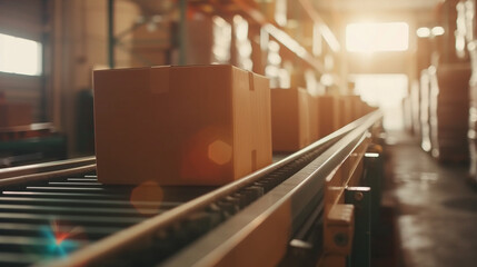 cardboard box packages moving along a conveyor belt in a warehouse. e-commerce, delivery, automation, and supply chain concept. - obrazy, fototapety, plakaty