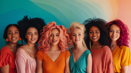 Diverse group of women, of different ethnicities and different body types, feel strong and confident in themselves. Body positive, diversity and acceptance concept.