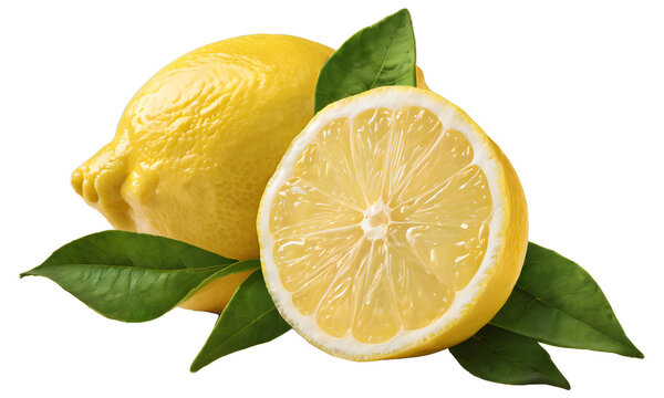 image of a whole lemon and cut lemon with leaves on a transparent PNG background. food and cooking