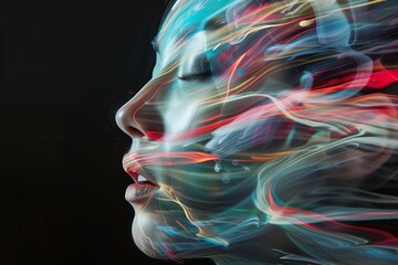 a portrait of a woman daydreaming. represented in bright vibrant colors projected on their face and smoke. over a dark background