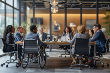Executive man in a wheelchair at the board of directors of a company. Disability and integration concept. - obrazy, fototapety, plakaty
