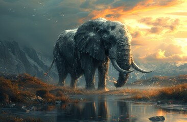 A majestic indian elephant gazes at the serene landscape, its massive tusks framing the cloud-streaked sky as it stands proudly in front of the tranquil waters, a symbol of the powerful yet gentle sp - obrazy, fototapety, plakaty