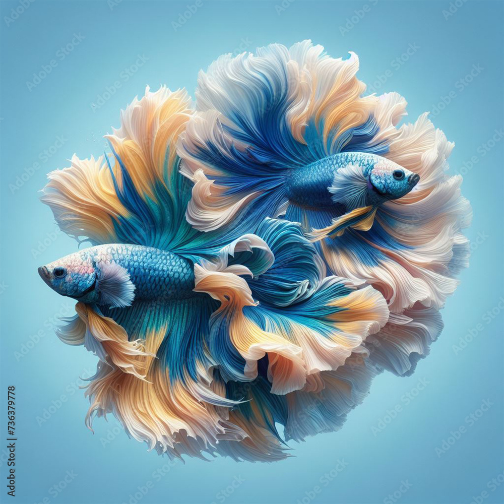 Wall mural Two blue and yellow betta fish movement beautiful, Siamese fighting fish on pastel blue background. generative ai - Wall murals