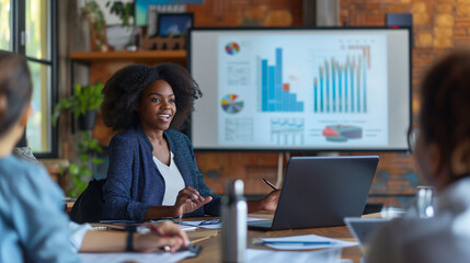 African American executive woman presenting company results to management team. Concept of women's day, equality, parity.