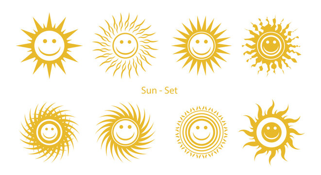 Funny sun face icon collection. Sunrise character concept sign set to use in summer vacation, turism, summer holiday projects.