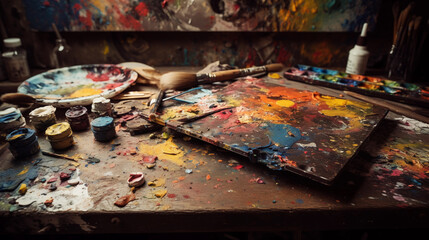 A collection of authentic crayons lying on a weathered artist's palette