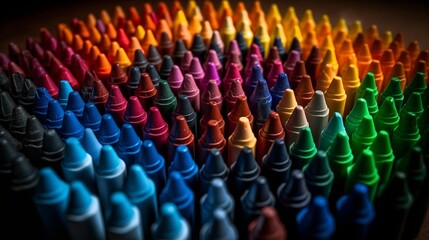 An array of crayons, each vibrant color meticulously detailed, arranged in a playful yet orderly manner