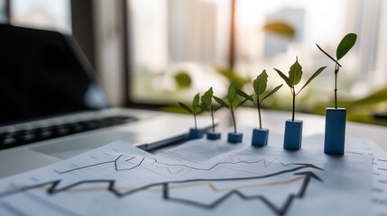 coins with plants growing, inside a office symbolizing wealth accumulation