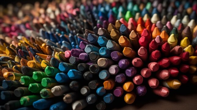 An array of crayons, each vibrant color meticulously detailed, arranged in a playful yet orderly manner