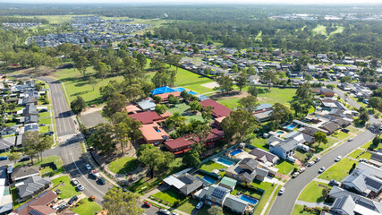 Drone aerial photograph of houses and parklands in the suburb of Werrington County in the greater...