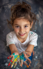 A smiling child girl shows her hands dirty with colored paint - 736381164