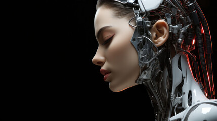 beautiful android girl with artificial intelligence, on isolated black background, poster, copy space