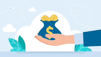 Money. Hand holding money bag full of gold coins. Businessman hand holding a bag filled with gold coins. Donation, sponsorship, bank loan concept with male palm hold full bag. Flat Illustration