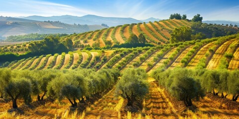 Fototapeta premium Vibrant Olive Groves Of Andalusia: Picturesque Display Of Spanish Agriculture. Сoncept Sunset On The Beach, Capturing The Golden Hour By The Sea Enchanting Forest Trail