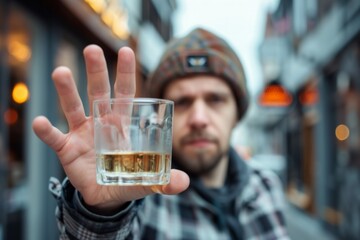 Man Rejects Alcohol By Declining To Drink Whiskey, Signifying Treatment For Alcohol Addiction. Сoncept Alcohol Addiction Recovery, Rejecting Whiskey, Treatment Progress, Sobriety Success - obrazy, fototapety, plakaty