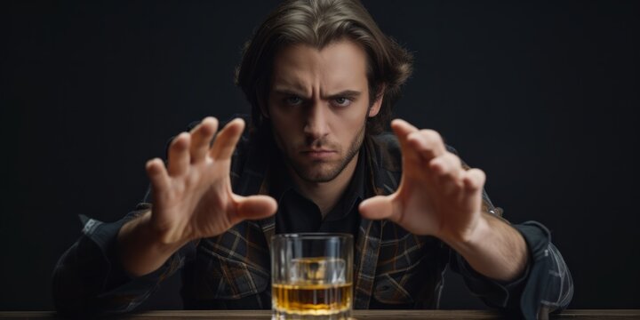 Man Rejects Drinking Whiskey, Making Hand Gesture To Refuse Alcohol. Сoncept Alcohol-Free Lifestyle, Non-Drinker's Choice, Hand Signal For Refusal, Saying No To Whiskey