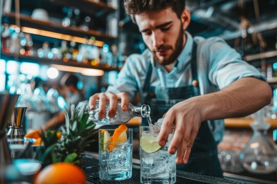Artisan Mixologist Expertly Creating And Serving Handcrafted Cocktails In Stylish Bar Setting. Сoncept Mixology Mastery, Handcrafted Cocktails, Artisan Bartending, Stylish Bar Scene