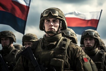 Russian Army soldier with flag ,Soldiers of the Russian army with the flag of Russia in the background, Ai generated - obrazy, fototapety, plakaty