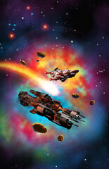 spaceships in the nebula with asteroids and stars, 3d illustration © Tiziano Cremonini