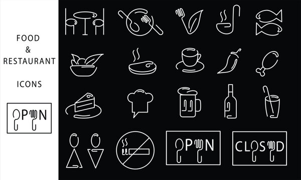 A wide range of simple line icons depicting food for a restaurant. Vector illustration.