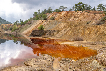 Red view of Sia Mine Red Lake, a former copper and pyrite mine excavation basin filled with water, ...