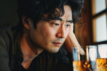 The Struggles Of An Asian Man Battling Alcohol Addiction: Portrait. Сoncept Asian Representation In Media, Mental Health In The Asian Community, Asian Men's Health, Alcohol Addiction Recovery