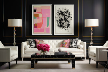 A chic living room featuring an empty white frame on a wall adorned with a striking, monochromatic art piece, balanced by sleek furniture and sporadic bursts of colorful decor accents.
