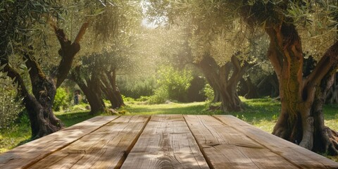 Elevating Your Outdoor Experience: Rustic Wooden Table Set Amidst Olive Trees In A Tranquil Garden Oasis. Сoncept Romantic Sunset Picnic, Captivating Waterfall Hike, Thrilling Ziplining Adventure