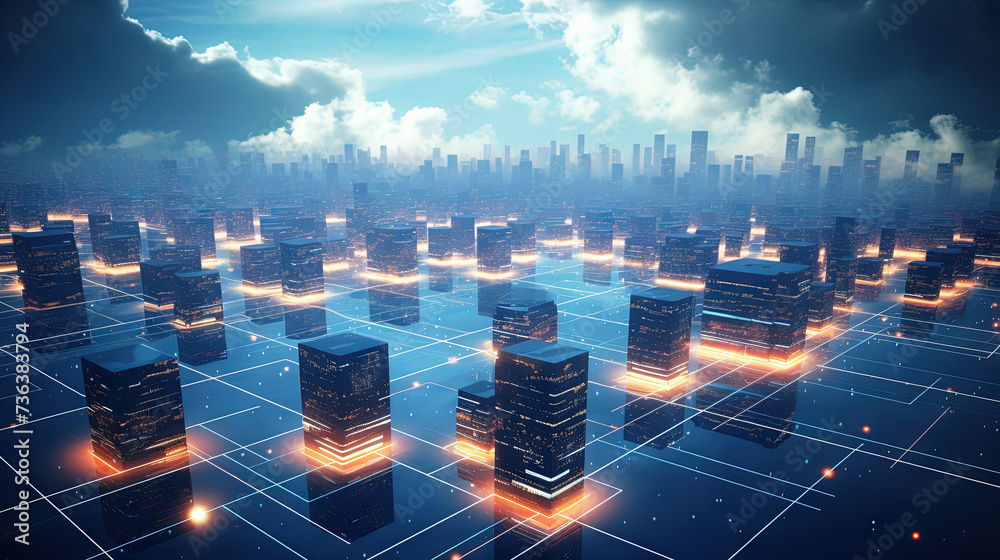 Aufkleber Concept of a digital city with cloud connections. Futuristic network in the clouds.