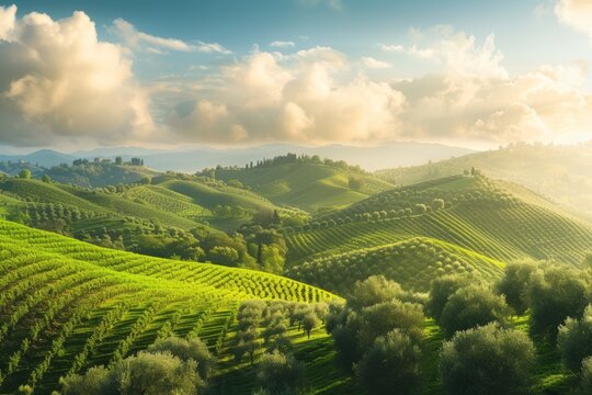 Verdant Olive Grove Perched In The Serene Embrace Of Gentle Hills. Сoncept Sunset On The Beach, Rustic Countryside, Urban Cityscape, Majestic Mountains, Enchanting Forest Trail