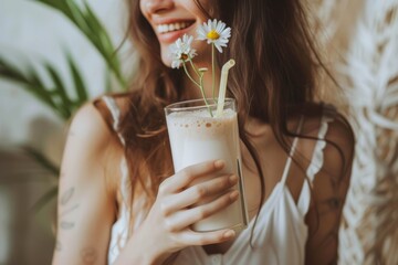 Embracing The Delight Of Dairy-Free Drinks: Savoring Soy Or Oat Milk As A Refreshing Option. Сoncept Plant-Based Alternatives, Dairy-Free Delights, Soy Milk, Oat Milk, Refreshing Beverage Options - obrazy, fototapety, plakaty