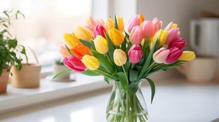 Bunch of spring tulips flowers in interior.