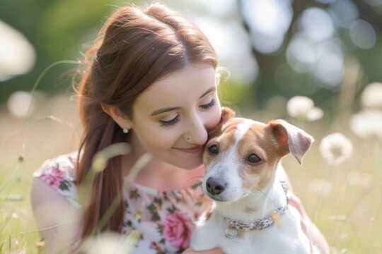 Joyful Woman And Her Energetic Jack Russell Terrier Enjoy A Sunny Day In The Park. Сoncept Nature-Inspired Fashion Shoot, Dramatic Sunset Portraits, Urban Street Style, Creative Conceptual Photos