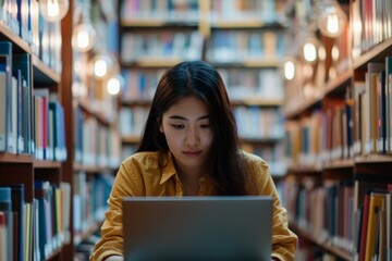 Young Girl Of Asian Descent Using Laptop In Library To Explore Education And Technology. Сoncept Education And Technology, Asian Representation, Youth Empowerment, Digital Learning, Library Resources