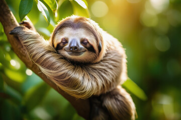 Naklejka premium Happy sloth hanging and sleeping from a tree.