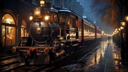 Deurstickers A vintage train station platform with a steam train arriving © Usama