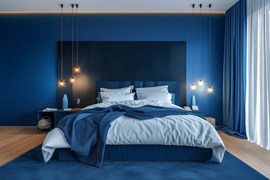 Luxury blue in the interior design room. Navy cobalt color walls and bed.