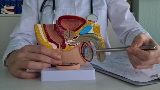 Doctor uses anatomical model to explain male urinary system. Model labeled with parts