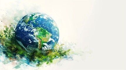 Artistic Representation of Earth with Watercolor Greenery and Splashes