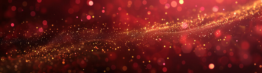Maroon red bokeh background with gold dust sparkles. Ultra wide background.