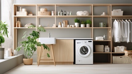Modern laundry room interior, front-loading washing machine, organized shelves with essentials in background