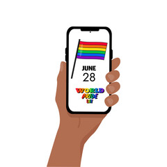Lgbt with rainbow flag on mobile phone screen, World Pride Day