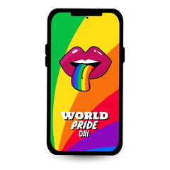 Lgbt colored background with rainbow tongue on mobile phone screen, World Pride Day
