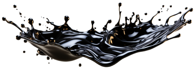 A horizontal splash of black oil. Isolated on a transparent background